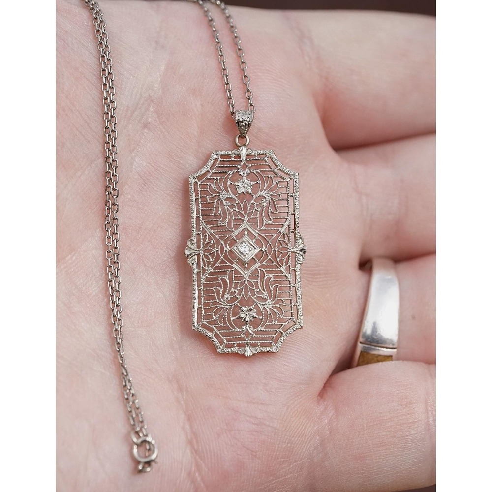 Antique Art Deco 18k 10k Solid Gold Natural Diamond Necklace -‎ Filigree Flower